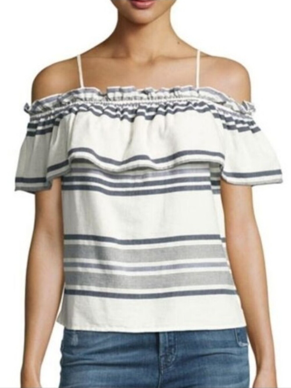 Splendid Off The Shoulder Ruffle Overlay Blue White Striped Top Size Medium